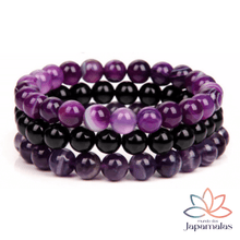Carregar imagem no visualizador da galeria, 3 Pulseiras de Pedras Naturais Ametista, Onix e Ágata Roxa. Essa Combinação Canaliza Nossas Energias Para Alcançarmos Nossos Objetivos