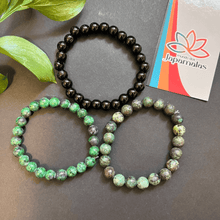 Carregar imagem no visualizador da galeria, 3 Pulseiras de Pedras Naturais Turquesa Africana, Onix e Jade Verde. Proporciona o Aumento da criatividade e Eleva a Intuição