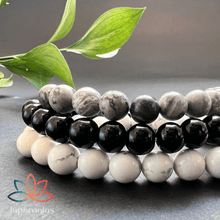 Carregar imagem no visualizador da galeria, 3 Pulseiras de Pedras Naturais Howlita, Onix e Jaspe Cinza. Protege Contra Inveja, o Mau Olhado Afasta os Pensamentos Negativos e Ajuda no Foco