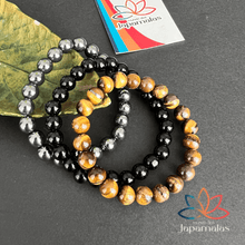 Carregar imagem no visualizador da galeria, 3 Pulseiras de Pedras Naturais Olho de Tigre, Onix e Hematita. Proporciona proteção, Aumenta Energia, Eleva a Segurança e Disciplina