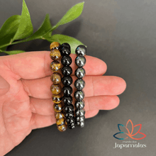 Carregar imagem no visualizador da galeria, 3 Pulseiras de Pedras Naturais Olho de Tigre, Onix e Hematita. Proporciona proteção, Aumenta Energia, Eleva a Segurança e Disciplina