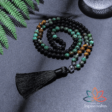 Carregar imagem no visualizador da galeria, Japamala de 108 Contas + Pulseira de olho de tigre, Agata negra e Turquesa africana. Favorece os Pensamentos Positivos, Alivia Tensões, Estresse e Ansiedade - Mundo dos Japamalas