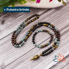 Carregar imagem no visualizador da galeria, Japamala de 108 Contas + Pulseira das Pedras Naturais Olho de Tigre, Olho de Tigre Vermelho, Turquesa Africana e Ônix.