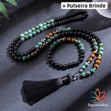 Carregar imagem no visualizador da galeria, Japamala de 108 Contas + Pulseira de olho de tigre, Agata negra e Turquesa africana. Favorece os Pensamentos Positivos, Alivia Tensões, Estresse e Ansiedade