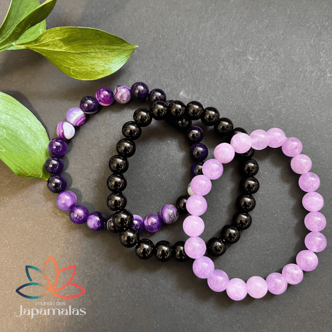 3 Pulseiras de Pedras Naturais Ametista, Onix e Ágata Roxa. Essa Combinação Canaliza Nossas Energias Para Alcançarmos Nossos Objetivos