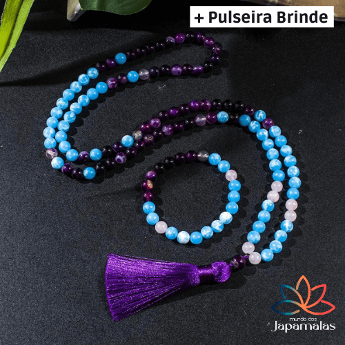 Japamala de 108 Contas + Pulseira de Ágata Roxa, Larimar e Quartzo Rosa. Traz Estabilidade, Coragem, Segurança e Amor