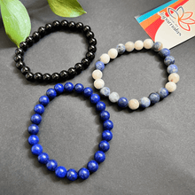 Carregar imagem no visualizador da galeria, 3 Pulseiras de Pedras Naturais Lápis Lazuli, Onix e Sodalita. Fortalece a Espiritualidade e Afasta Atques Energéticos
