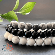 Carregar imagem no visualizador da galeria, 3 Pulseiras de Pedras Naturais Howlita, Onix e Jaspe Cinza. Protege Contra Inveja, o Mau Olhado Afasta os Pensamentos Negativos e Ajuda no Foco
