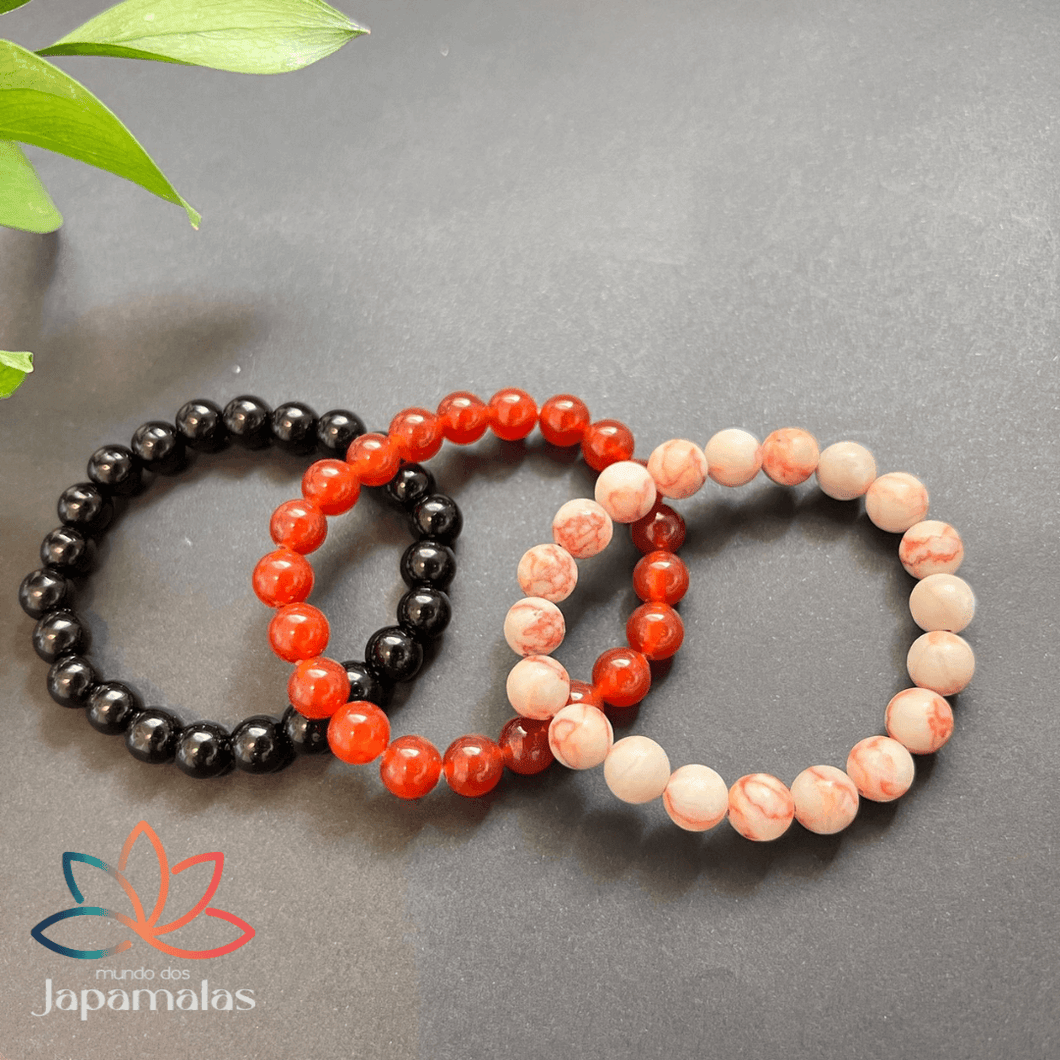 3 Pulseiras de Pedras Naturais Ágata Vermelha, Onix e Pedra do Sol. Protege Contra Ataques Espirituais, Bloqueia as Energias Negativas da Inveja e Mau Olhado