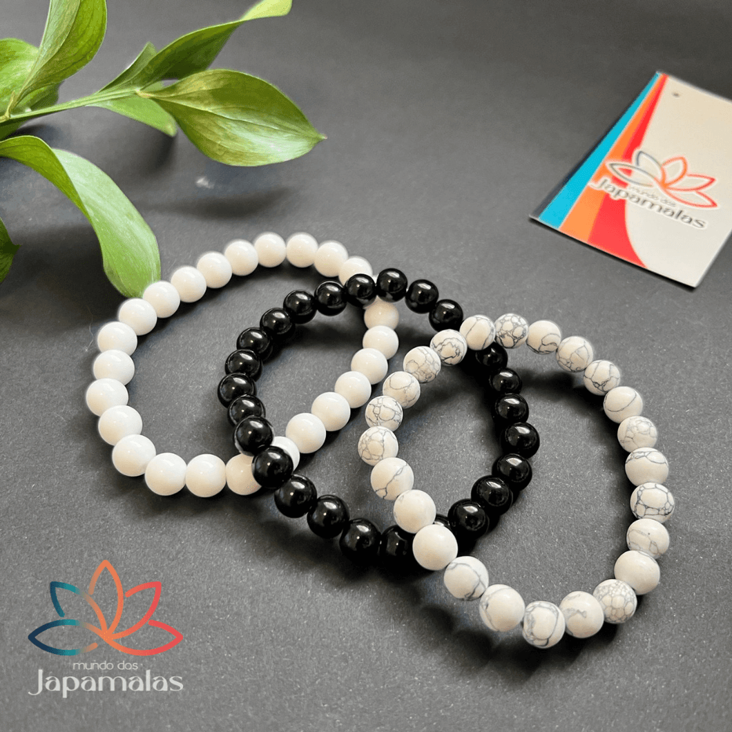 3 Pulseiras de Pedras Naturais Howlita, Onix e Ágata Branca. Eleva a Consciência, Estimula a Felicidade e o Otimismo