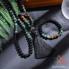 Carregar imagem no visualizador da galeria, Japamala de 108 Contas + Pulseira de olho de tigre, Agata negra e Turquesa africana. Favorece os Pensamentos Positivos, Alivia Tensões, Estresse e Ansiedade - Mundo dos Japamalas
