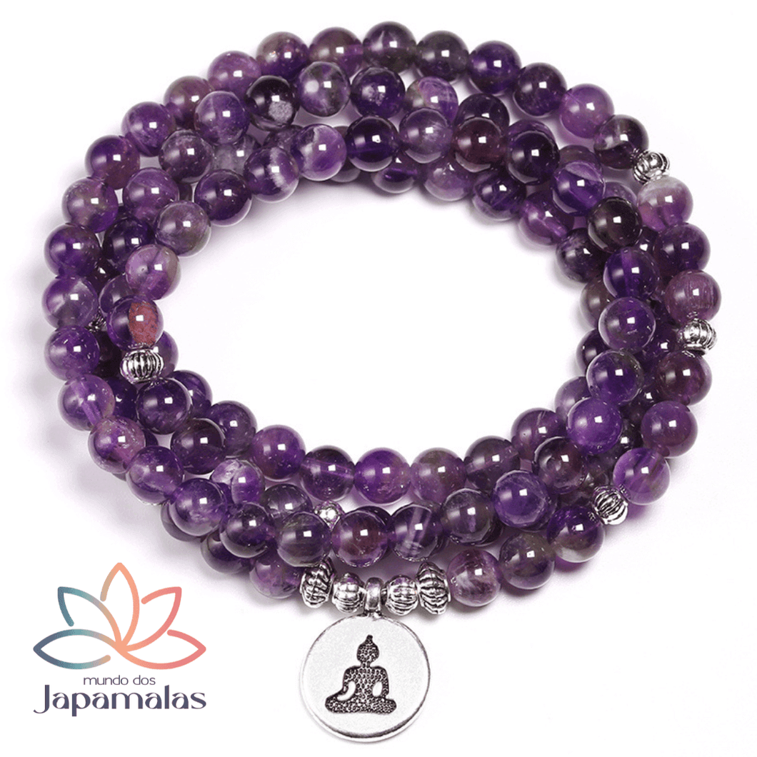 Japamala Pulseira de 108 Contas da Pedra Natural Ametista. Promove proteção, vitalidade e elevação espiritual.