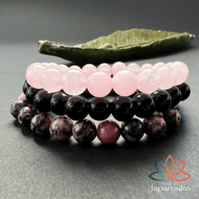 Carregar imagem no visualizador da galeria, 3 Pulseiras de Pedras Naturais Rodonita, Quatzo Rosa e ônix. Amor, Equilíbrio Energético e Elevação da Sabedoria
