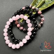 Carregar imagem no visualizador da galeria, 3 Pulseiras de Pedras Naturais Rodonita, Quatzo Rosa e ônix. Amor, Equilíbrio Energético e Elevação da Sabedoria
