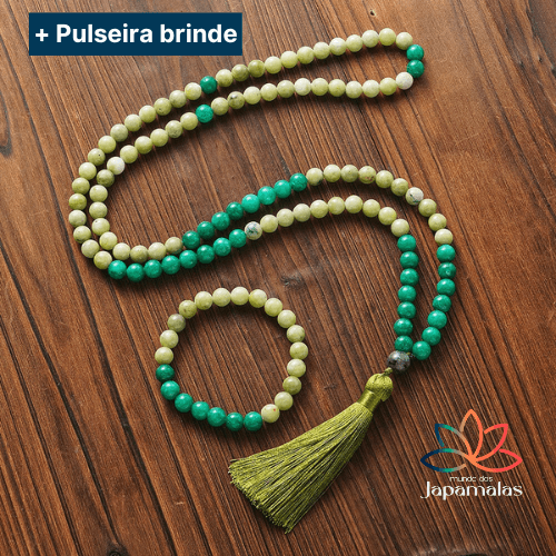 Japamala de 108 Contas + Pulseira da Pedra Natural Jade Verde e Quartzo verde. Proporciona Sorte, Proteção e Força