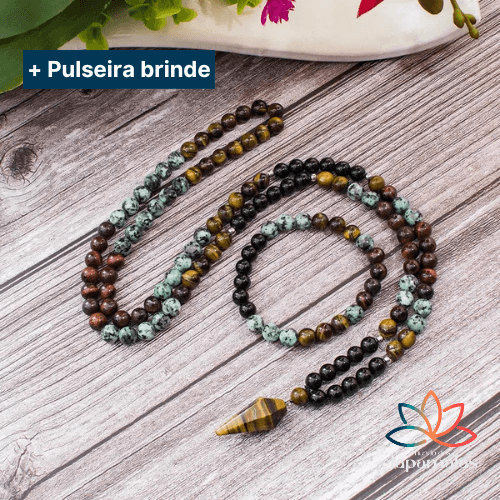 Japamala de 108 Contas + Pulseira das Pedras Naturais Olho de Tigre, Olho de Tigre Vermelho, Turquesa Africana e Ônix.