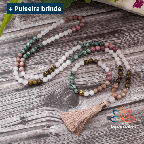 Japamala de 108 Contas + Pulseira das Pedras Naturais Turquesa Africana, Quartzo Branco, Rodocrosita e Olho de Tigre.