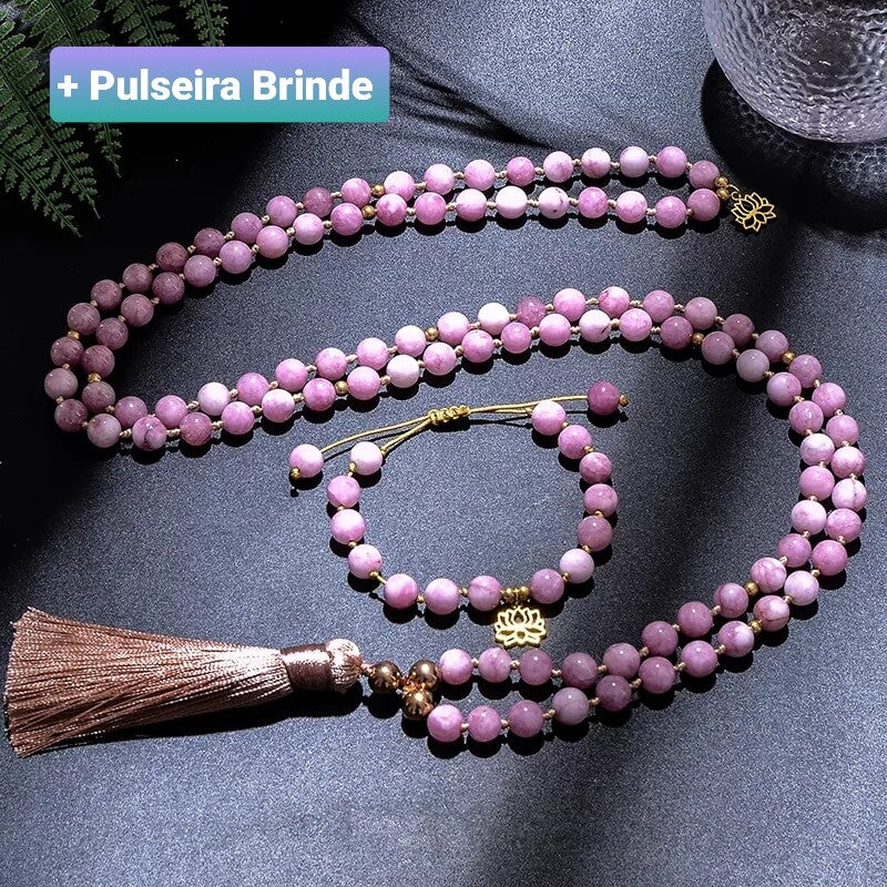 Japamala de 108 Contas + Pulseira da Pedra Natural Kunzita. Auxilia na Expressão do Verdadeiro Eu e na Paz Interior - Mundo dos Japamalas