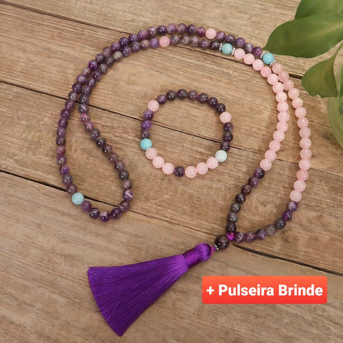 Japamala de 108 contas + Pulseira. Quatzo Rosa e Ametista. Purificação do Estado Emocional e Eleva a Sabedoria - Mundo dos Japamalas