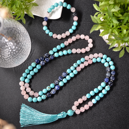 Japamala de 108 Contas + Pulseira de Quatzo Rosa, Turquesa Azul e Lápis Lazuli. Repele as Energias Negativas e Aumenta o Poder Espiritual - Mundo dos Japamalas