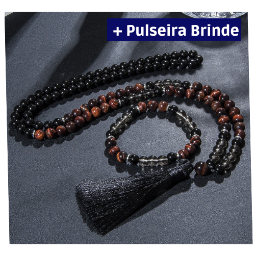 Japamala de 108 Contas + Pulseira das Pedras Naturais Onix, Quartzo Fumê e Olho de Tigre Vermelho. Proporciona Alivio aos Sintomas do estresse - Mundo dos Japamalas