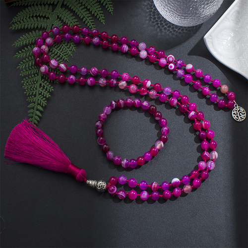 Japamala de 108 Contas + Pulseira da Pedra Natural Ágata Rosa. Neutraliza os Pensamentos Negativos Harmonizando o Corpo e a Mente - Mundo dos Japamalas