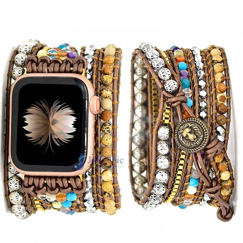 Bracelete Para AppleWatch/ SmartWatch das Pedras Naturais Jaspe Madeira - Mundo dos Japamalas
