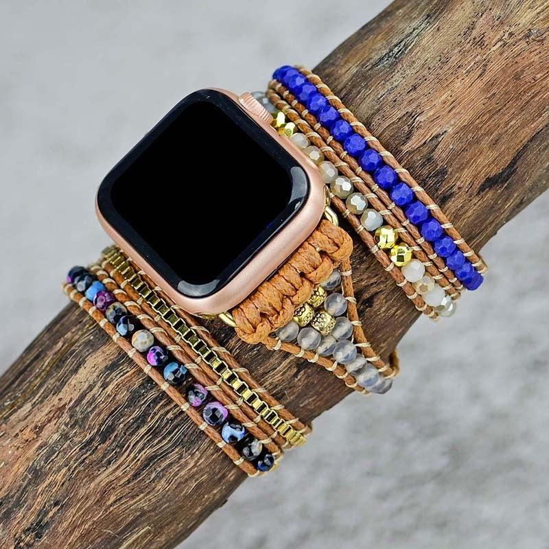 Bracelete Para AppleWatch/ SmartWatch das Pedras Naturais Lápis Lazuli, Ágata Pink e Quartzo de Cristal - Mundo dos Japamalas