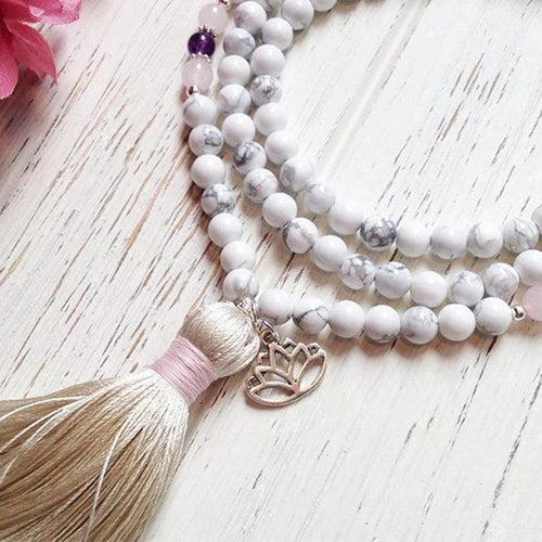 Japamala de 108 Contas de Howlita, Quatzo Rosa e Ametista. Promove Elevação Espiritual e Purifica seu Estado Emocional - Mundo dos Japamalas