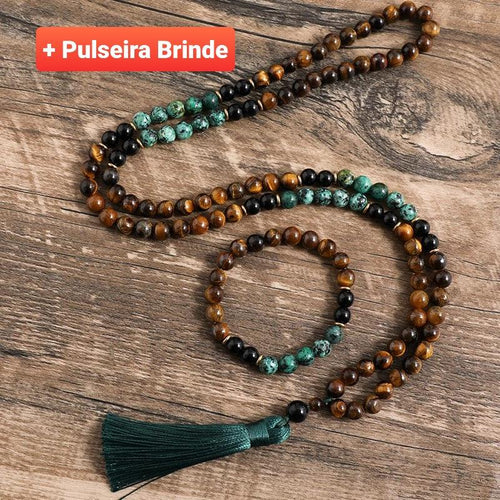 Japamala de 108 Contas + Pulseira das Pedras Naturais de Olho de Tigre, Turquesa Africana e Onix. Favorece a Realização de Nossos Sonhos. - Mundo dos Japamalas