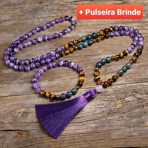 Japamala de 108 Contas de Ametista, Olho de Tigre, Lápis Lazuli e Turquesa Africana. Eleva o Poder Espiritual. - Mundo dos Japamalas