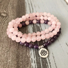 Carregar imagem no visualizador da galeria, Japamala Pulseira de 108 Contas das Pedras Naturais Quatzo Rosa e Ametista. Purificação do Estado Emocional e Eleva a Sabedoria. - Mundo dos Japamalas
