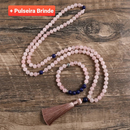 Japamala de 108 contas + Pulseira de Pedras Naturais Quatzo Roza e Lápis Lazuli. Potencializa as Vibrações do Amor e Repele as Energias Negativas. - Mundo dos Japamalas