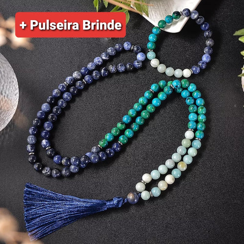 Japamala de 108 Contas + Pulseira de Lápis Lazuli, Amazonita e Apatita. Proporciona a Evolução Espiritual e Aumenta a Intuição - Mundo dos Japamalas