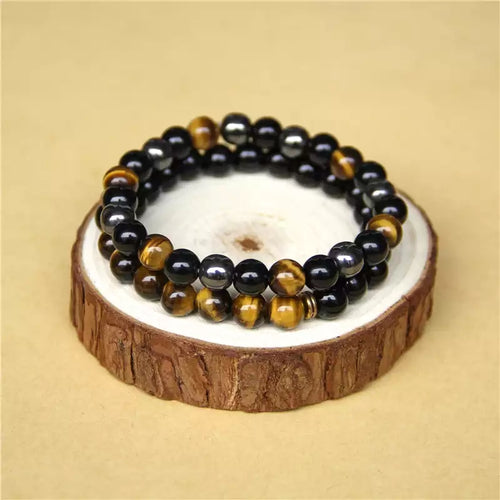 2 Pulseiras de Pedras Naturais Olho de Tigre, Onix e Hematita. Afasta as Energias Negativas e Promove Equilíbrio Energético - Mundo dos Japamalas