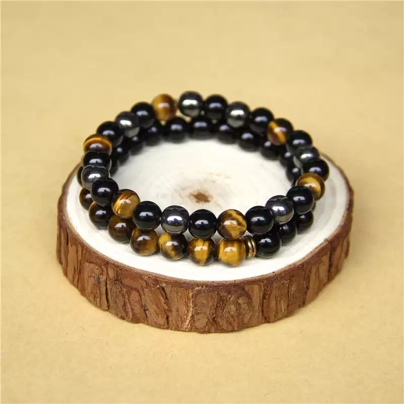 2 Pulseiras de Pedras Naturais Olho de Tigre, Onix e Hematita. Afasta as Energias Negativas e Promove Equilíbrio Energético - Mundo dos Japamalas