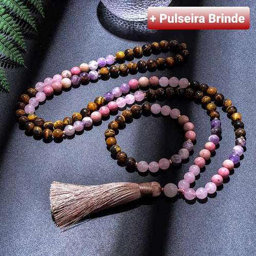Japamala de 108 Contas + Pulseira de Olho de Tigre, Quatzo Rosa, Ametista e Rodocrosita. Neutraliza as Energias Negativas, Eleva a Autoconfiança e Purifica o Estado Emocional - Mundo dos Japamalas
