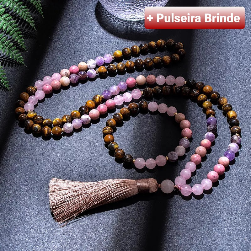 Japamala de 108 Contas + Pulseira de Olho de Tigre, Quatzo Rosa, Ametista e Rodocrosita. Neutraliza as Energias Negativas, Eleva a Autoconfiança e Purifica o Estado Emocional - Mundo dos Japamalas