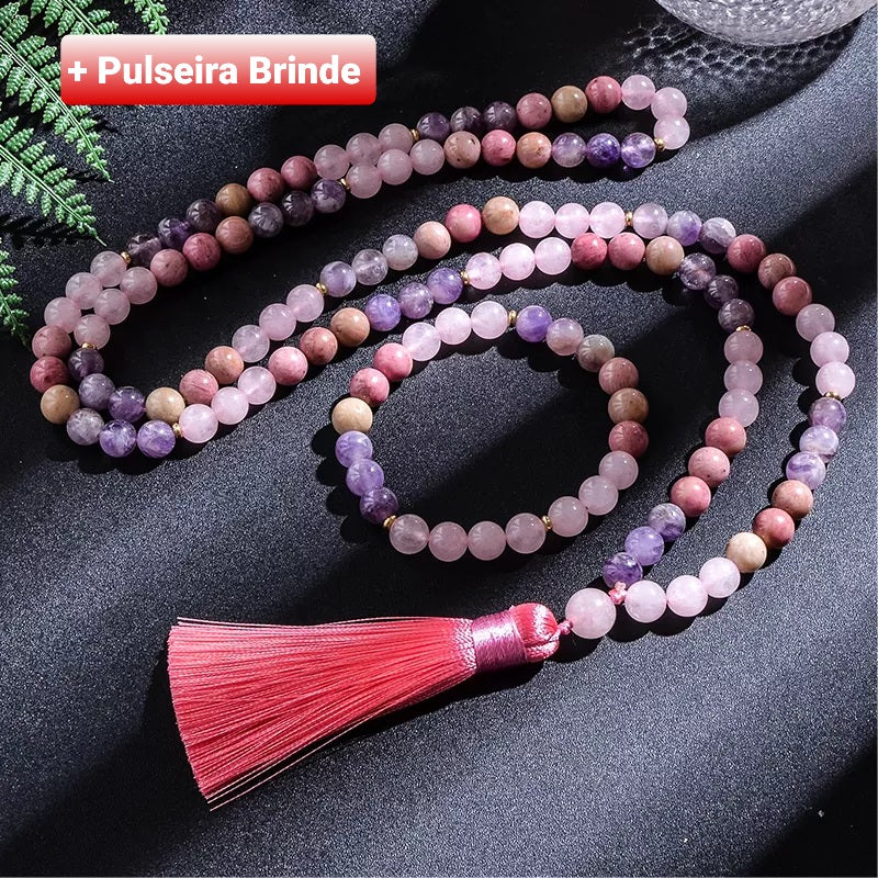 Japamala de 108 Contas + Pulseira de Quatzo Rosa, Ametista e Rodocrosita. Aumenta Nossa Disposição, Acalma as Emoções e Cura Traumas do Passado - Mundo dos Japamalas