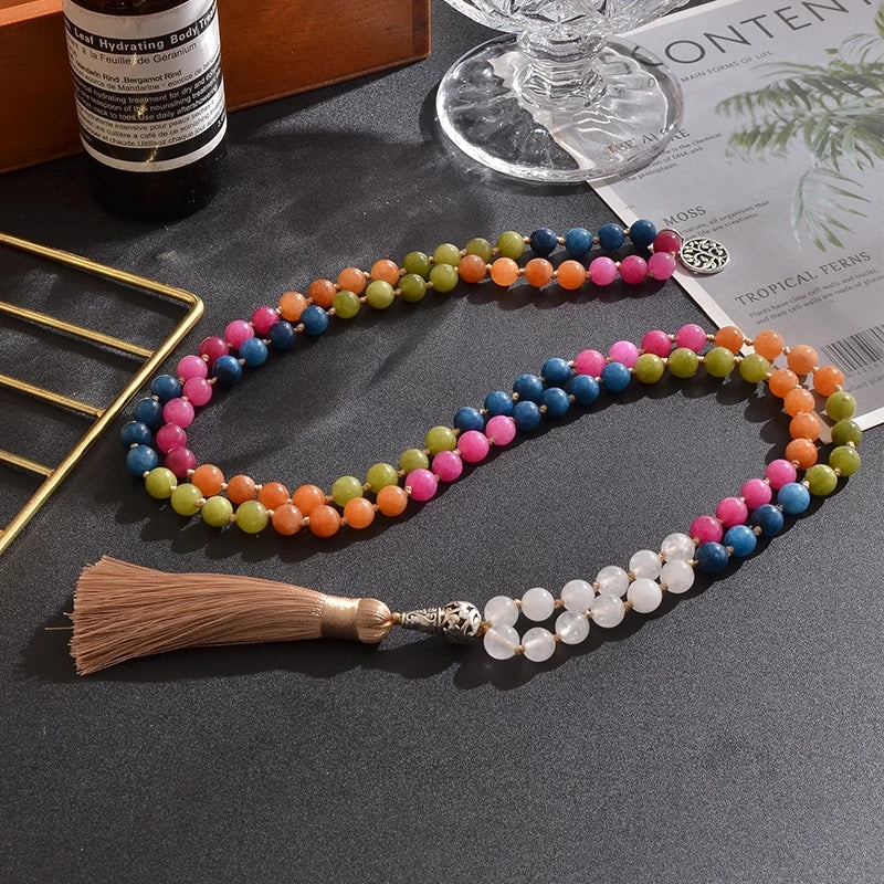 Japamala Rainbow de 108 Contas das Pedras Naturais Jade Colorida e Quatzo de Cristal. Atrai o Amor Verdadeiro e Estimula a Intuição - Mundo dos Japamalas