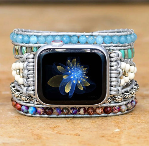 Bracelete Para AppleWatch/ SmartWatch das Pedras Naturais Aqua Marine, Jaspe Imperial e Jade Branca - Mundo dos Japamalas