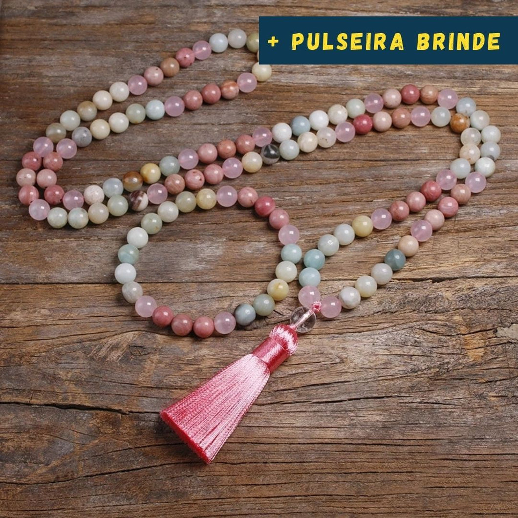 Japamala 108 Contas + Pulseira. Rodocrosita e Amazonita. Equilíbrio Mental e Proteção - Mundo dos Japamalas