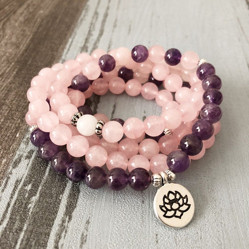 Japamala Pulseira de 108 Contas das Pedras Naturais Quatzo Rosa e Ametista. Purificação do Estado Emocional e Eleva a Sabedoria. - Mundo dos Japamalas