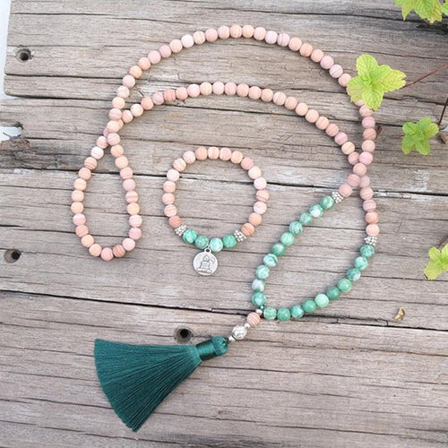 Japamala 108 Contas + Pulseira. Rodonita Fosca e Jade Fosca. Ativação do Chakra do Coração e Positividade. - Mundo dos Japamalas