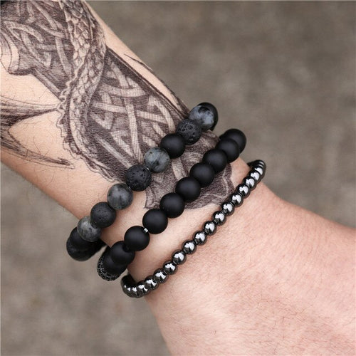 3 Pulseiras de Pedras Naturais Hematita, Onix Fosca e Pedra Vulcânica - Mundo dos Japamalas
