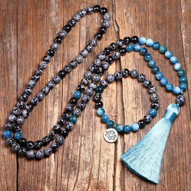 Japamala de 108 Contas + Pulseira. Obsidiana floco de neve e Apatita. Proteção e Evolução Pessoal