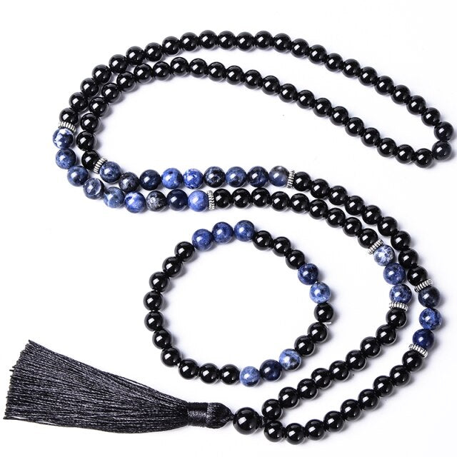 Japamala de 108 Contas + Pulseira de Onix e Lápis Lazuli. Promove o Fortalecimento da Saúde e Transmuta as Energias Negativas em Positivas - Mundo dos Japamalas