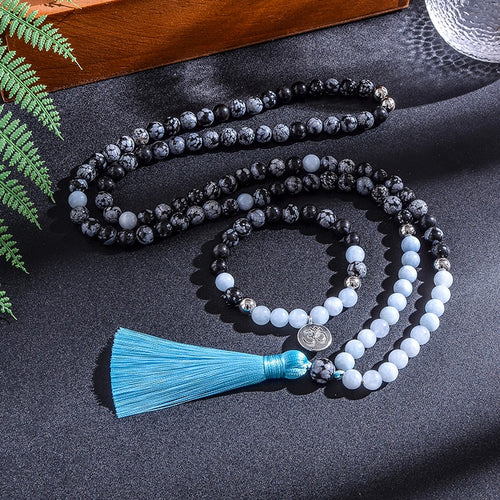 Japamala de 108 Contas + Pulseira de Obsidiana Floco de Neve e Áqua Marine. Ajuda a Lidar Com Crises e Auxiliar na Evolução Espiritual - Mundo dos Japamalas